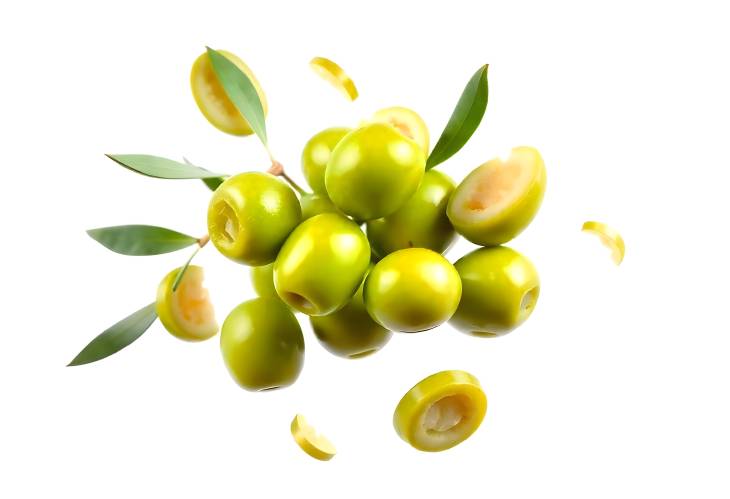 Floating Green Olives on White Background